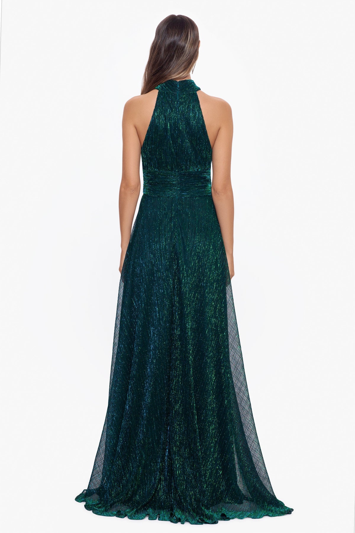Betsy & Adam “Stella” Metallic Halter Wrap Skirt Dress - Jade