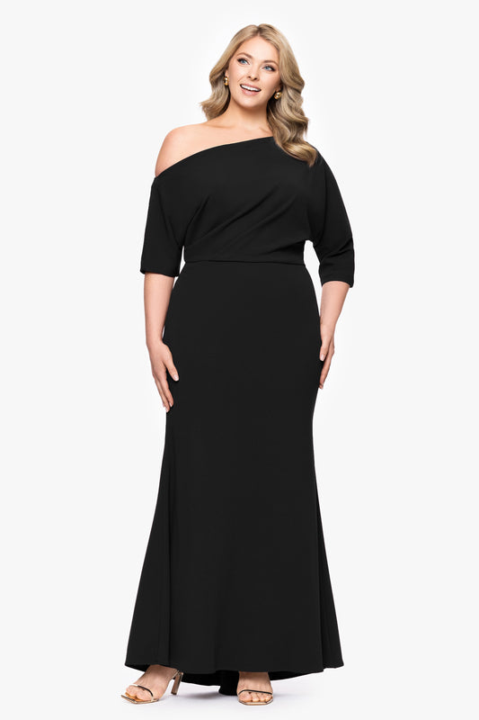 Betsy & Adam Plus “Madeline” Scuba Crepe Off The Shoulder Dress - Black