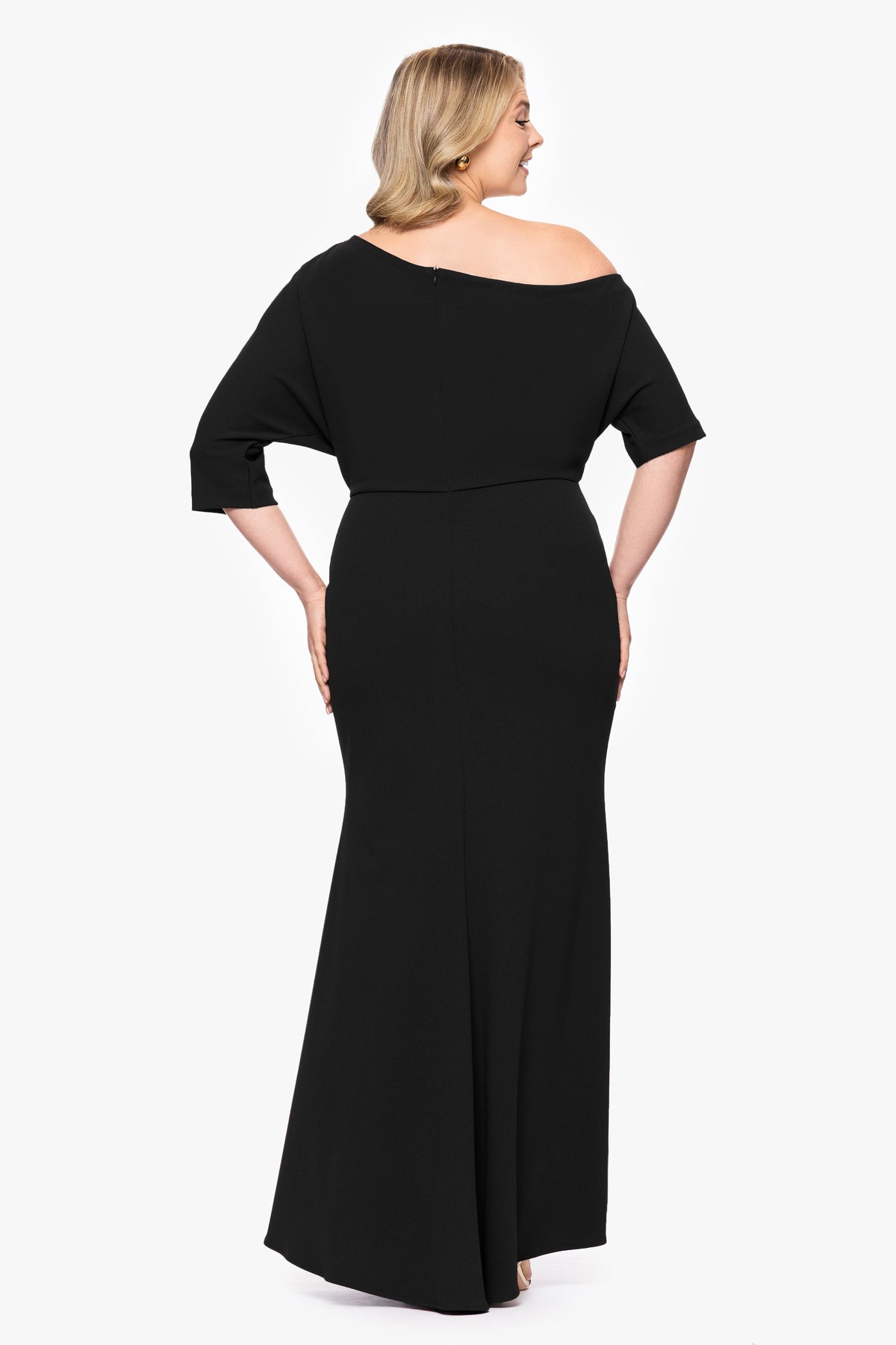 Betsy & Adam Plus “Madeline” Scuba Crepe Off The Shoulder Dress - Black