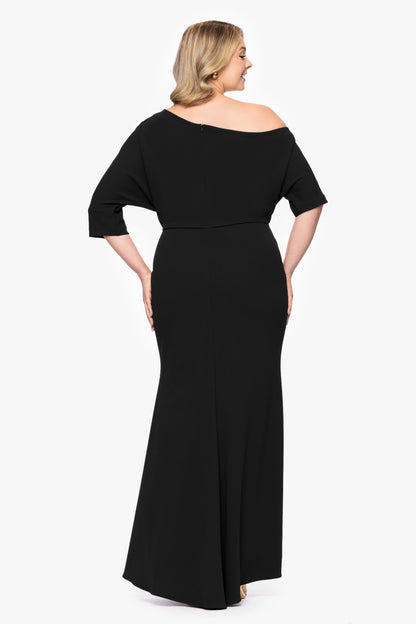 Betsy & Adam Plus “Madeline” Scuba Crepe Off The Shoulder Dress - Black