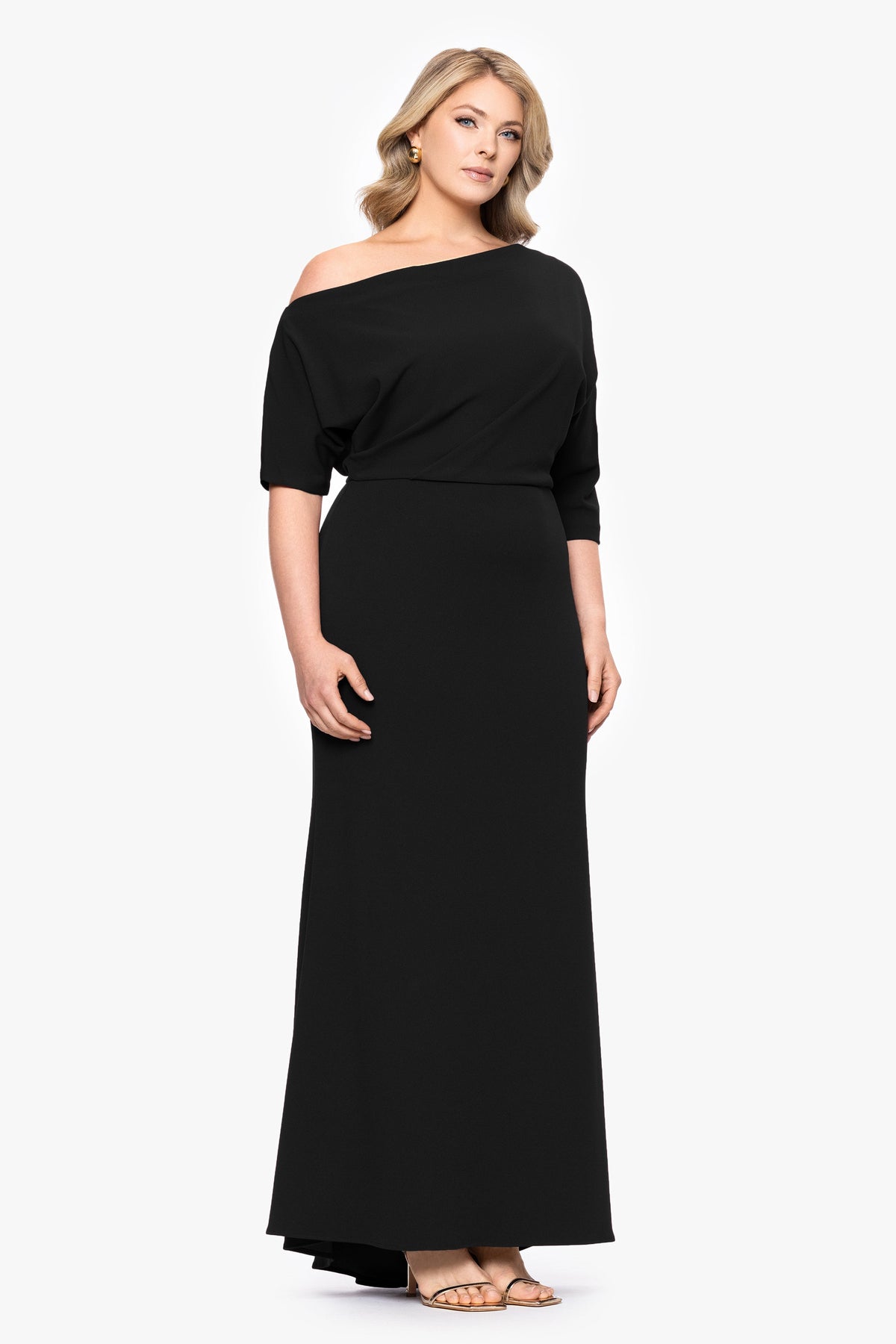 Betsy & Adam Plus “Madeline” Scuba Crepe Off The Shoulder Dress - Black