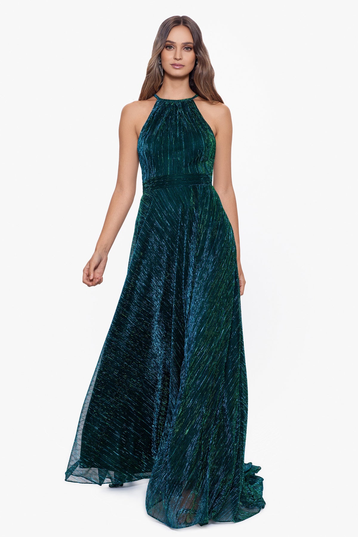 Betsy & Adam Petite "Mila" Metallic Halter Dress - Jade