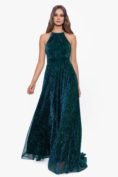 Betsy & Adam Petite "Mila" Metallic Halter Dress - Jade