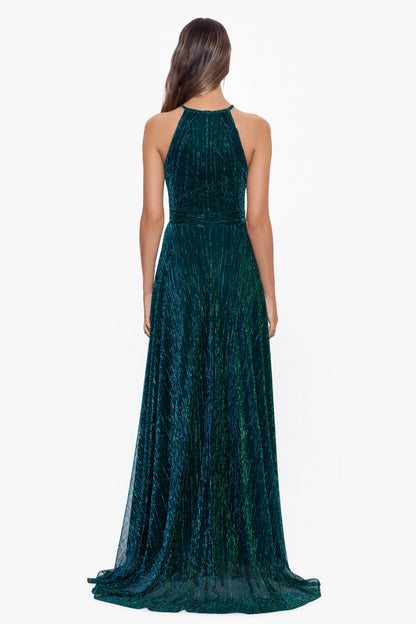 Betsy & Adam Petite "Mila" Metallic Halter Dress - Jade