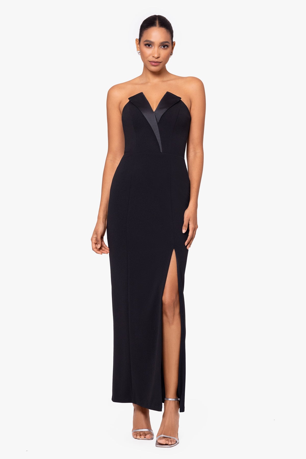 Betsy & Adam Petite "Violette" Scuba Crepe Strapless Tuxedo Dress - Black