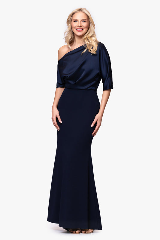 Betsy & Adam "Ana" Scuba Crepe & Satin Drop Shoulder Dress - Navy