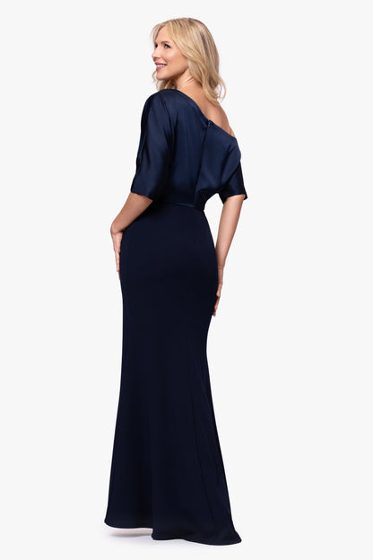 Betsy & Adam "Ana" Scuba Crepe & Satin Drop Shoulder Dress - Navy
