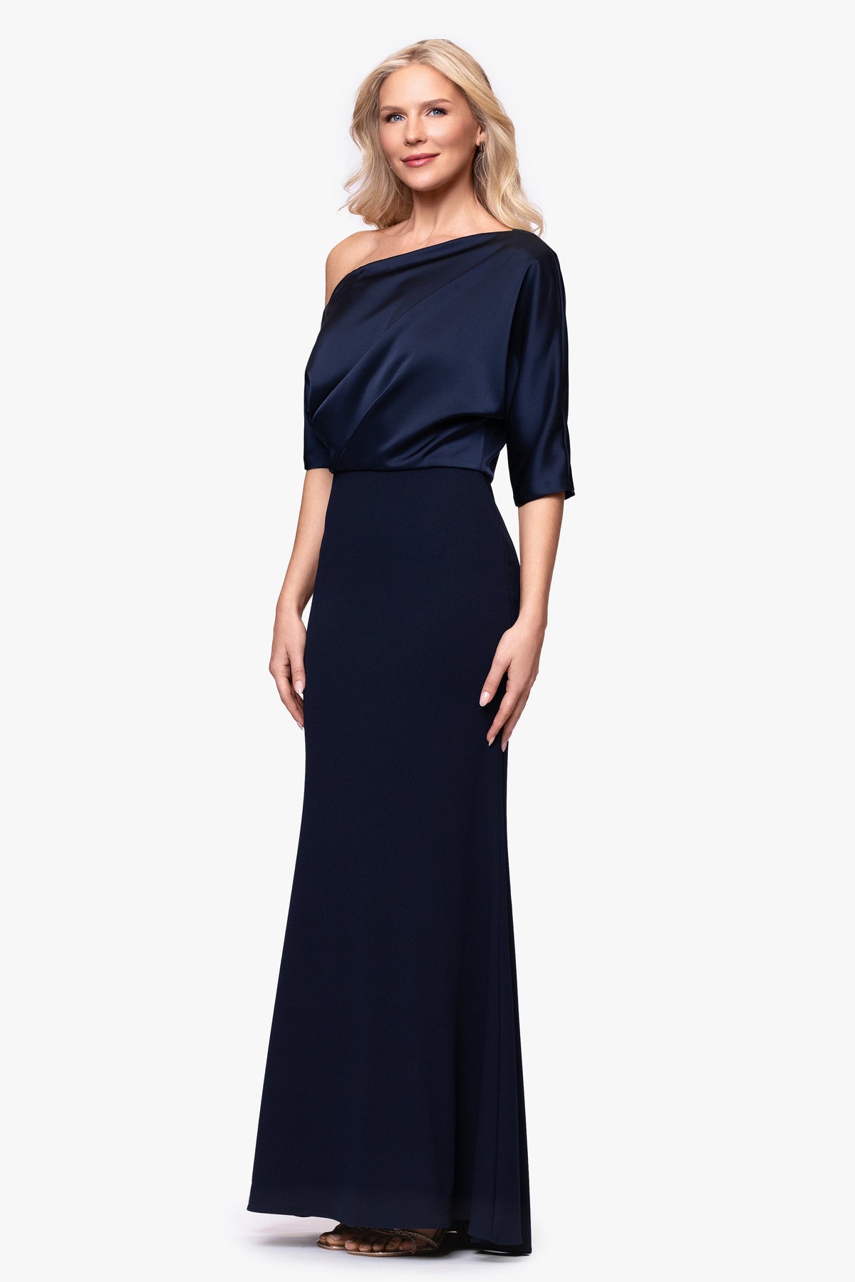 Betsy & Adam "Ana" Scuba Crepe & Satin Drop Shoulder Dress - Navy