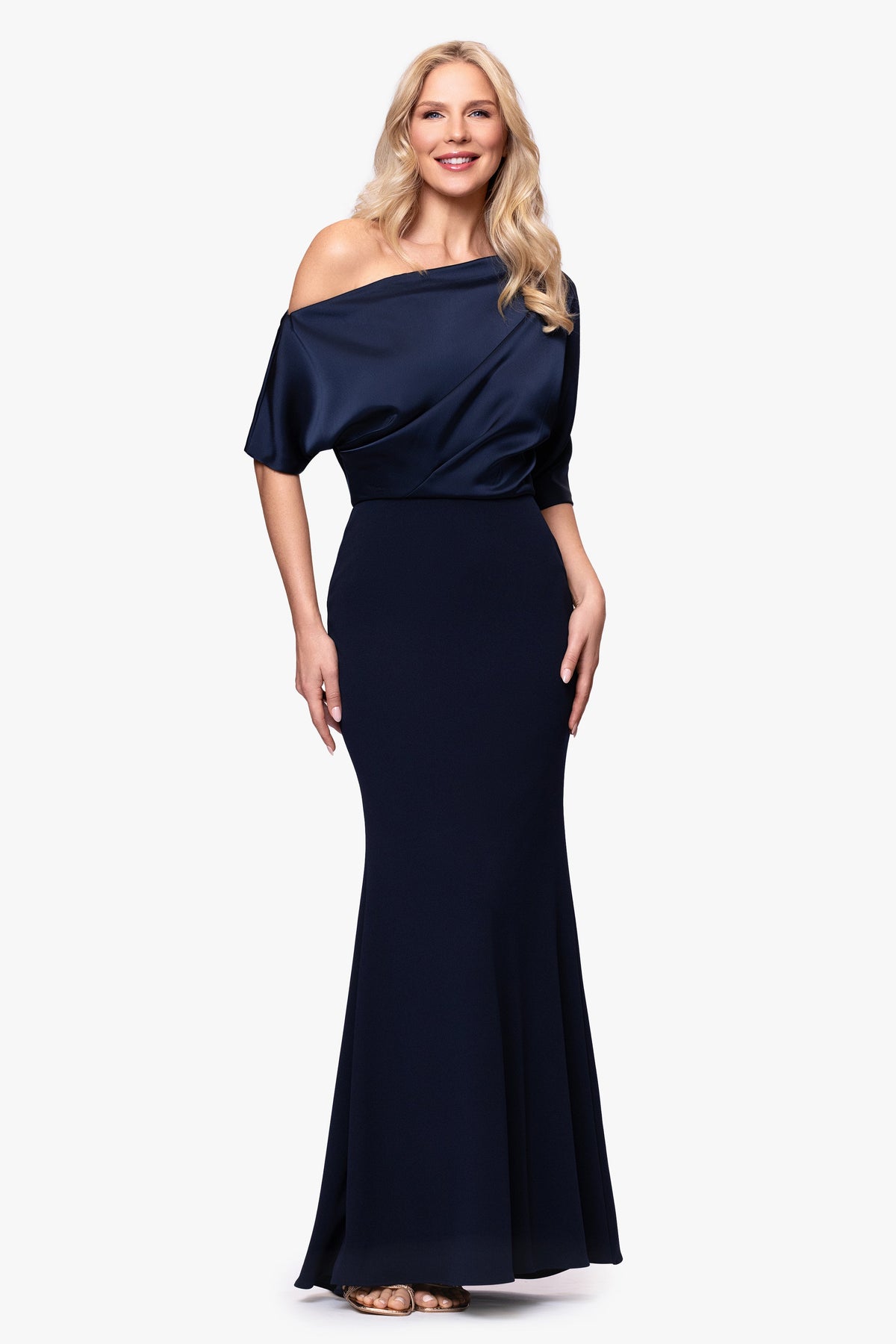 Betsy & Adam "Ana" Scuba Crepe & Satin Drop Shoulder Dress - Navy