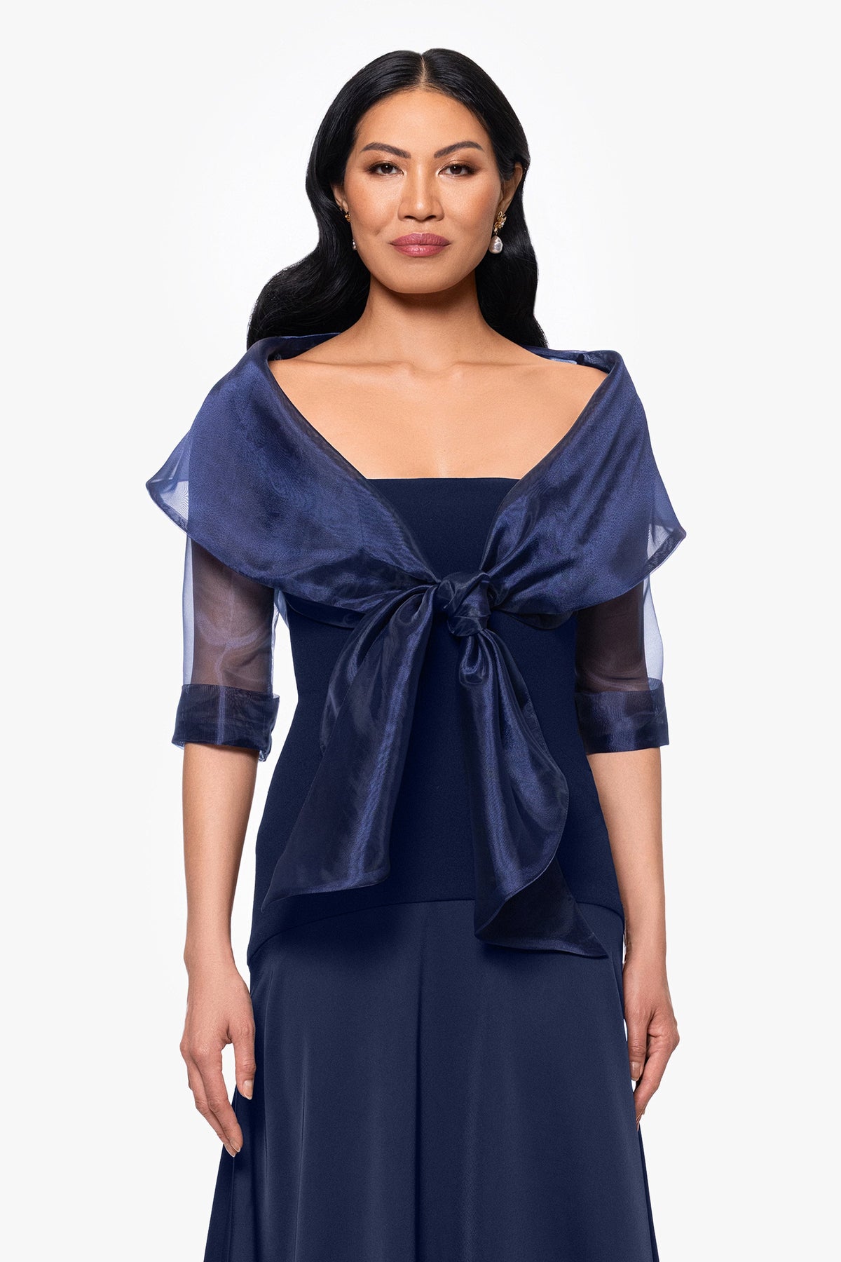 Betsy & Adam "Agnes" Organza 3/4 Sleeve Shawl Wrap - Navy