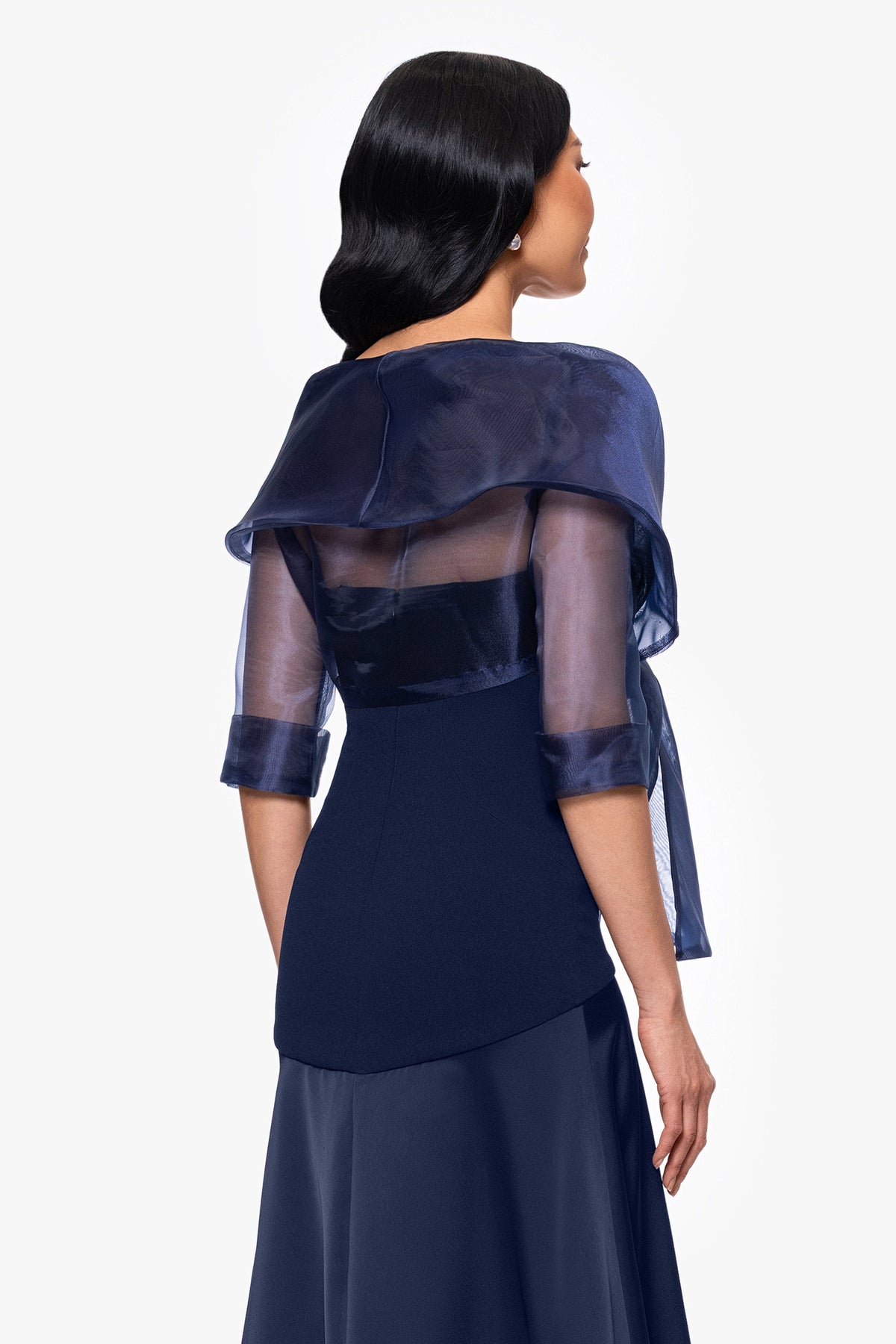 Betsy & Adam "Agnes" Organza 3/4 Sleeve Shawl Wrap - Navy