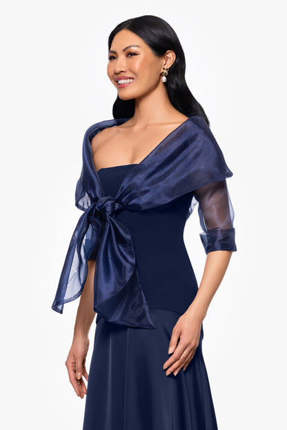 Betsy & Adam "Agnes" Organza 3/4 Sleeve Shawl Wrap - Navy