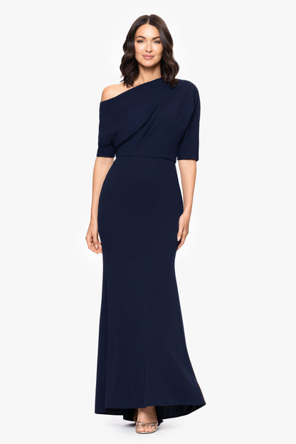 Betsy & Adam “Madeline” Scuba Crepe Off The Shoulder Dress - Navy