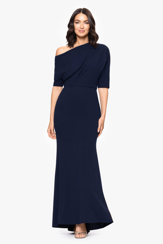 Betsy & Adam “Madeline” Scuba Crepe Off The Shoulder Dress - Navy