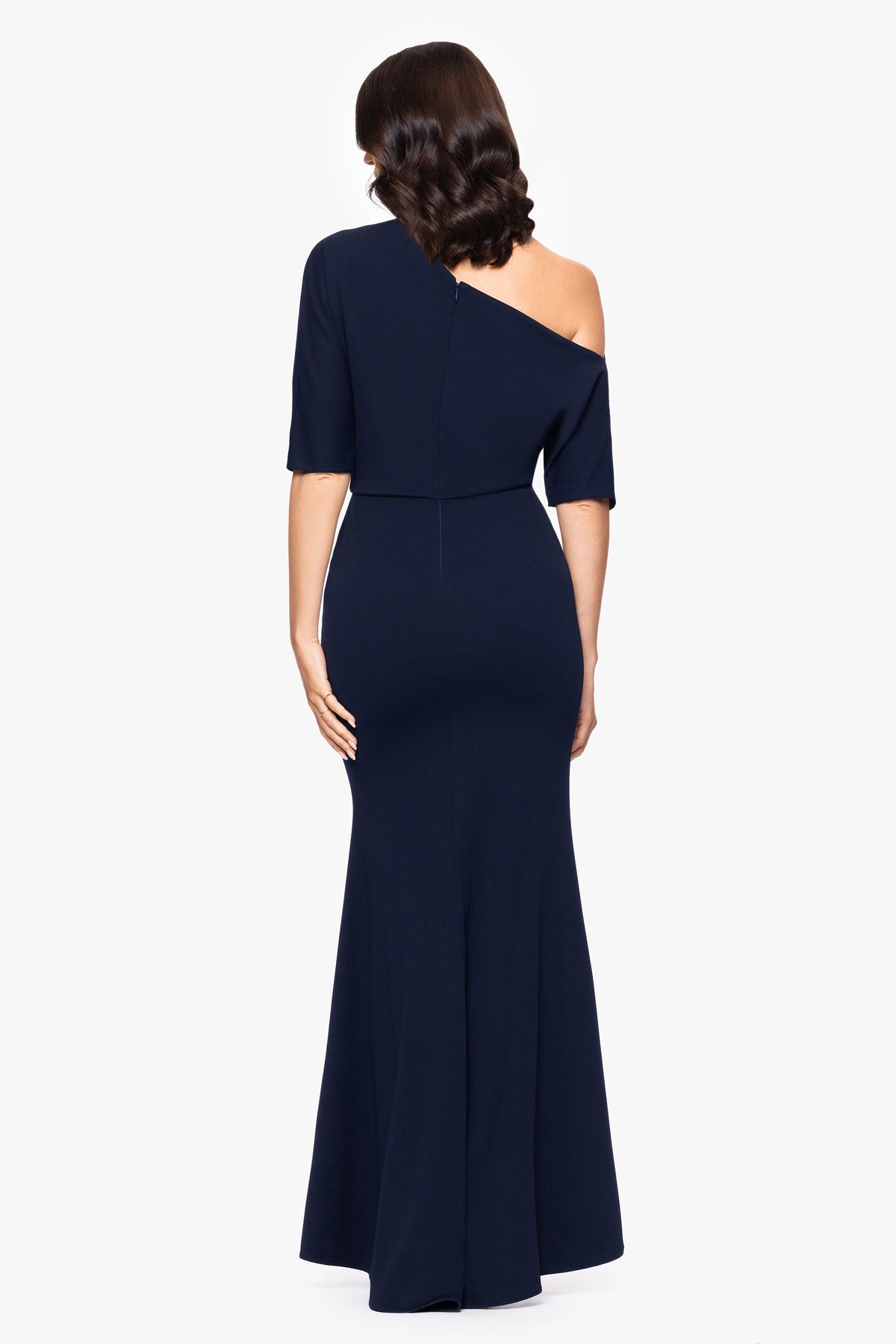 Betsy & Adam “Madeline” Scuba Crepe Off The Shoulder Dress - Navy