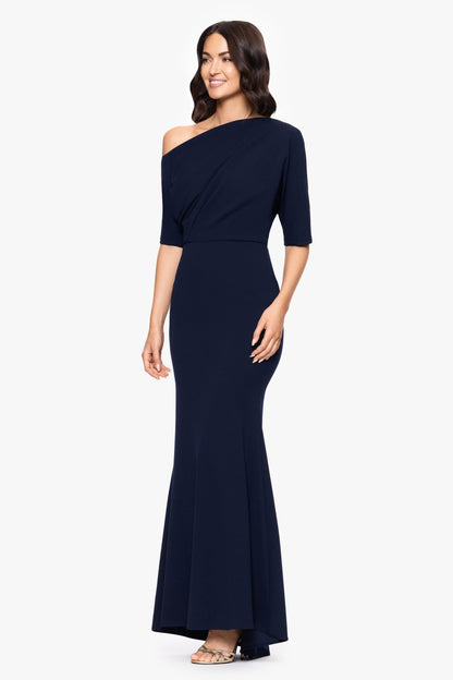 Betsy & Adam “Madeline” Scuba Crepe Off The Shoulder Dress - Navy