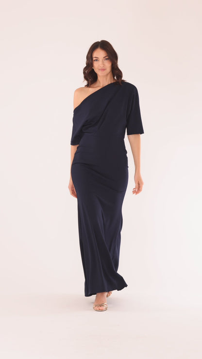 Betsy & Adam “Madeline” Scuba Crepe Off The Shoulder Dress - Navy