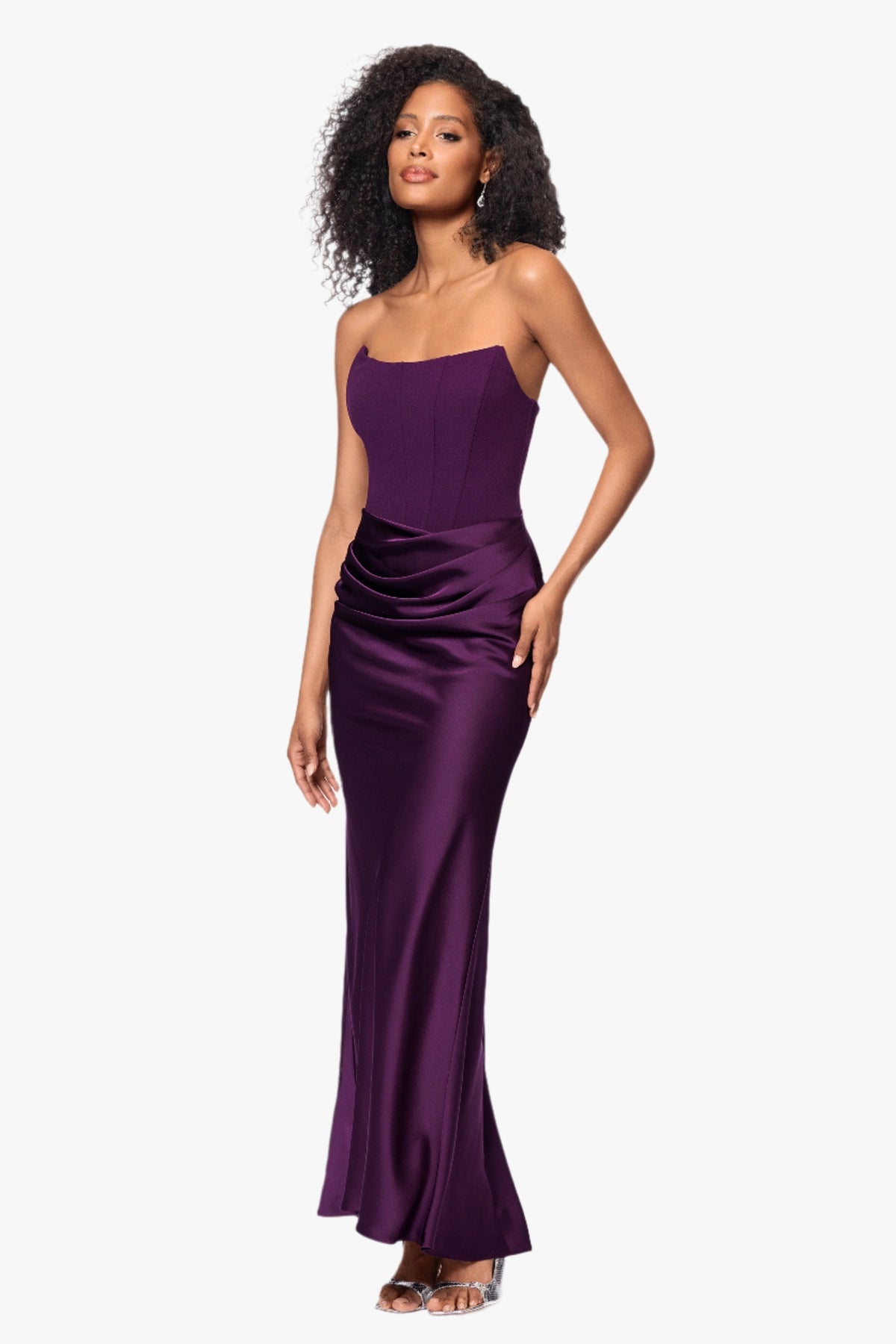 Betsy & Adam "Debra" Scuba Crepe & Satin Strapless Dress - Plum