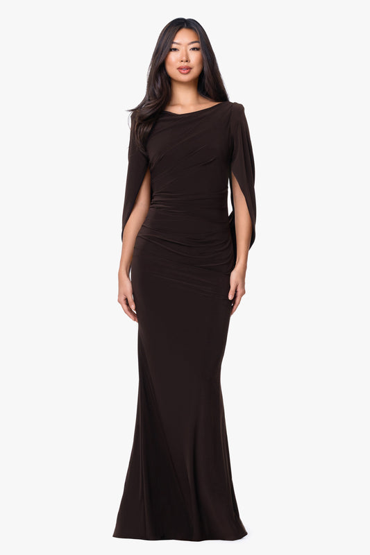Betsy & Adam “Miriam” Jersey Knit Draped Back Dress - Brown