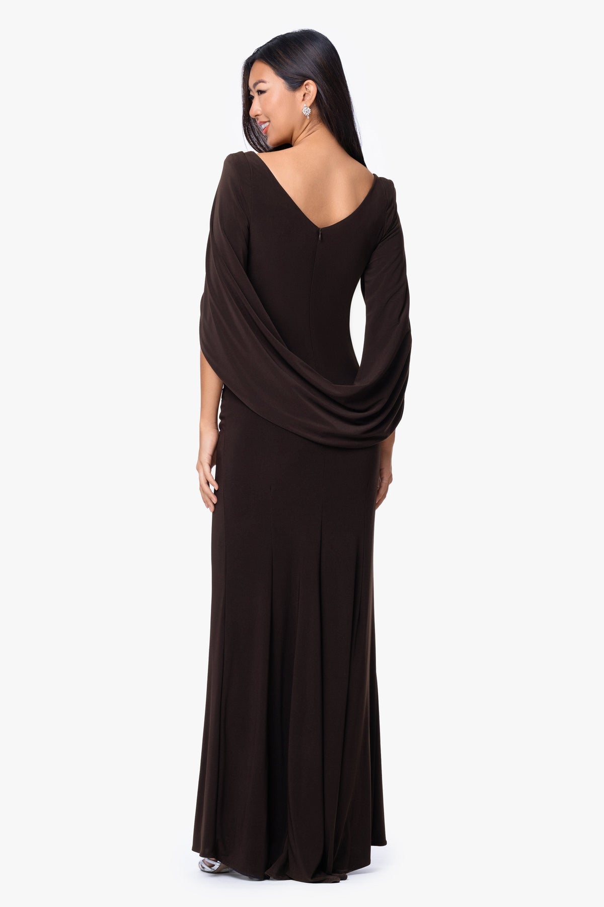 Betsy & Adam “Miriam” Jersey Knit Draped Back Dress - Brown