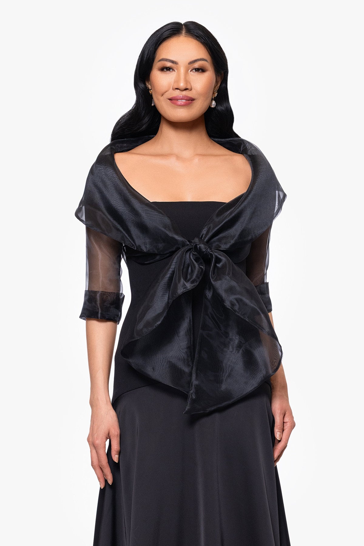 Betsy & Adam "Agnes" Organza 3/4 Sleeve Shawl Wrap - Black