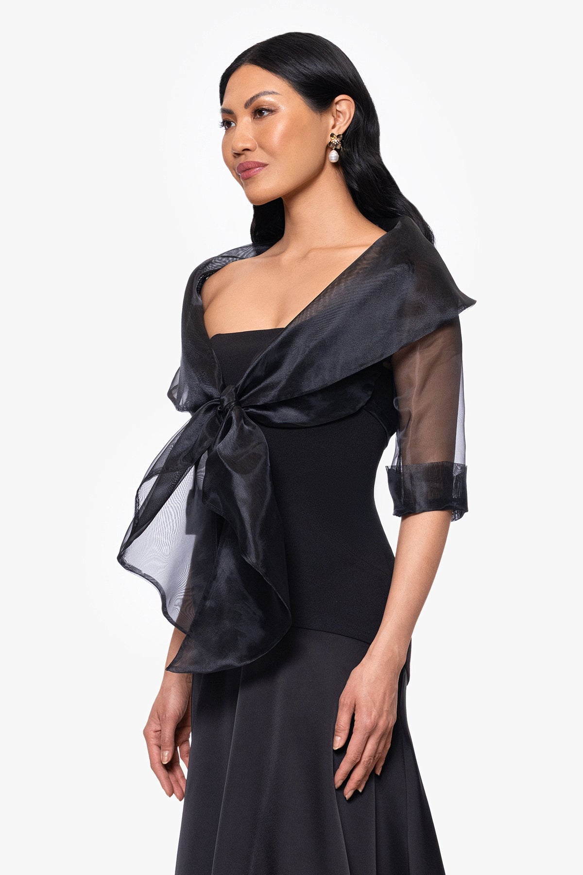 Betsy & Adam "Agnes" Organza 3/4 Sleeve Shawl Wrap - Black