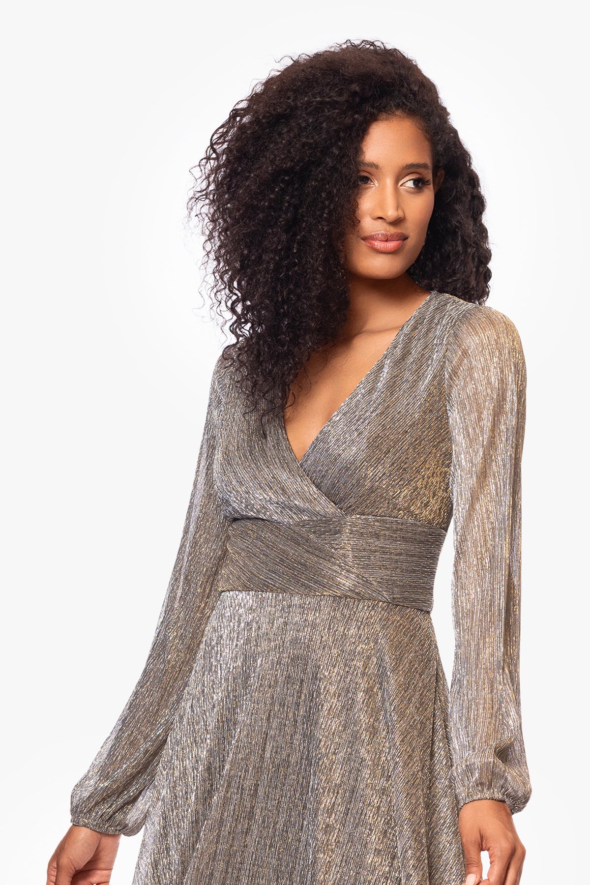 Betsy & Adam "Alexa" Metallic Knit Long Sleeve Dress - Mocha/Gold