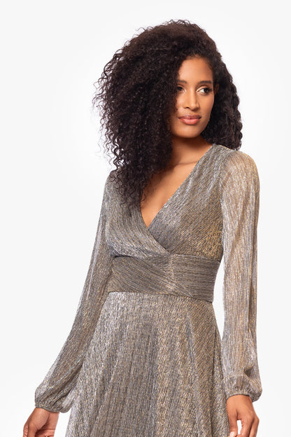 Betsy & Adam "Alexa" Metallic Knit Long Sleeve Dress - Mocha/Gold