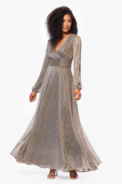 Betsy & Adam "Alexa" Metallic Knit Long Sleeve Dress - Mocha/Gold