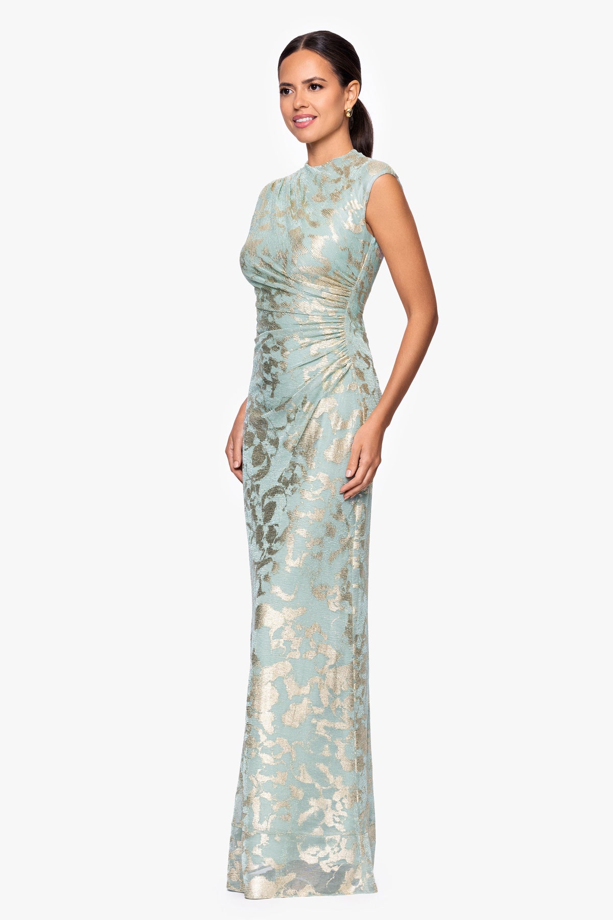 Betsy & Adam "Cory" Metallic Print Ruched Dress - Sage/Gold