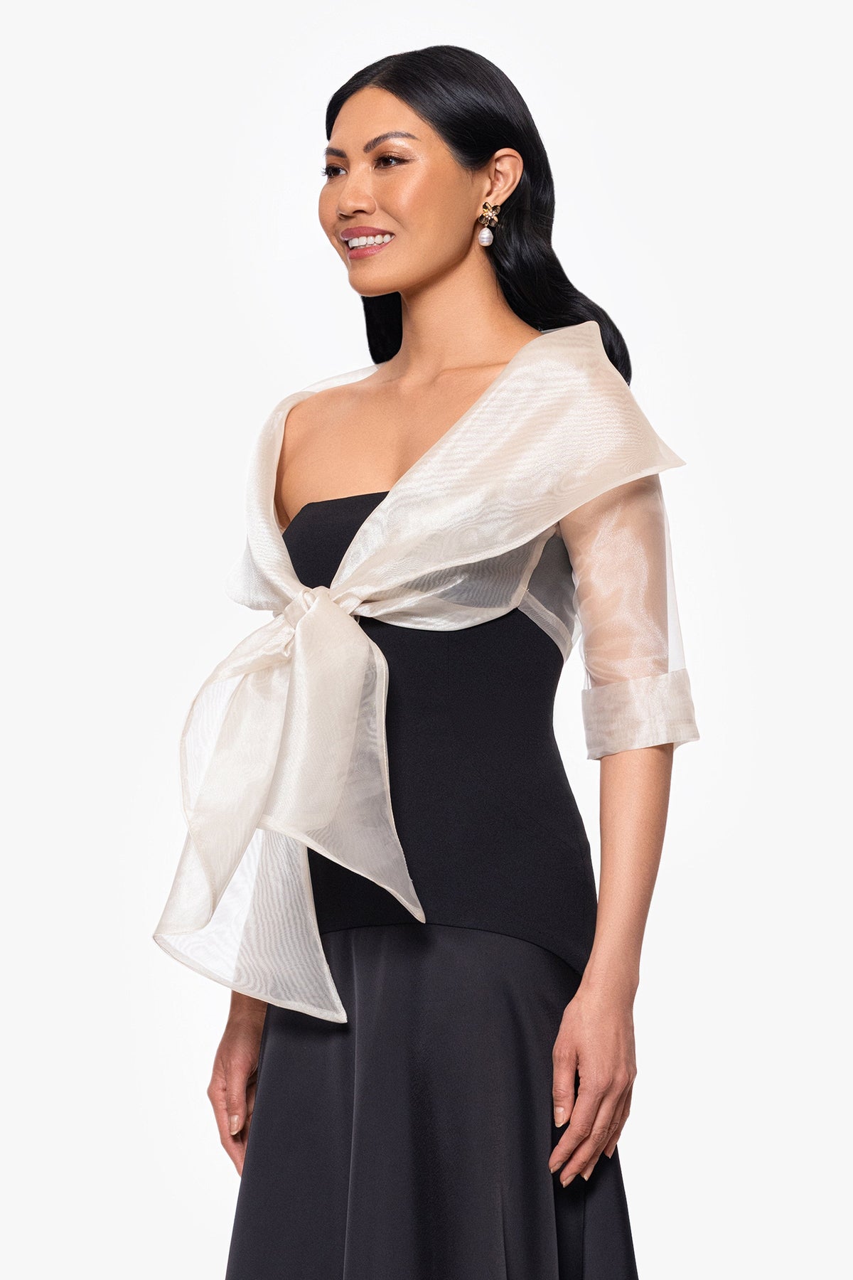 Betsy & Adam "Agnes" Organza 3/4 Sleeve Shawl Wrap - Khaki