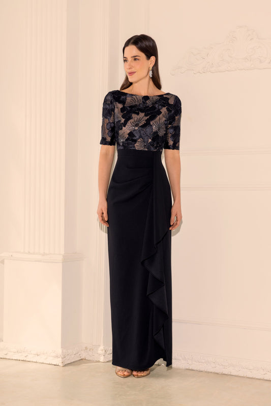 Betsy & Adam Petite “Mel” Soutache & Scuba Crepe Dress - Black/Nude