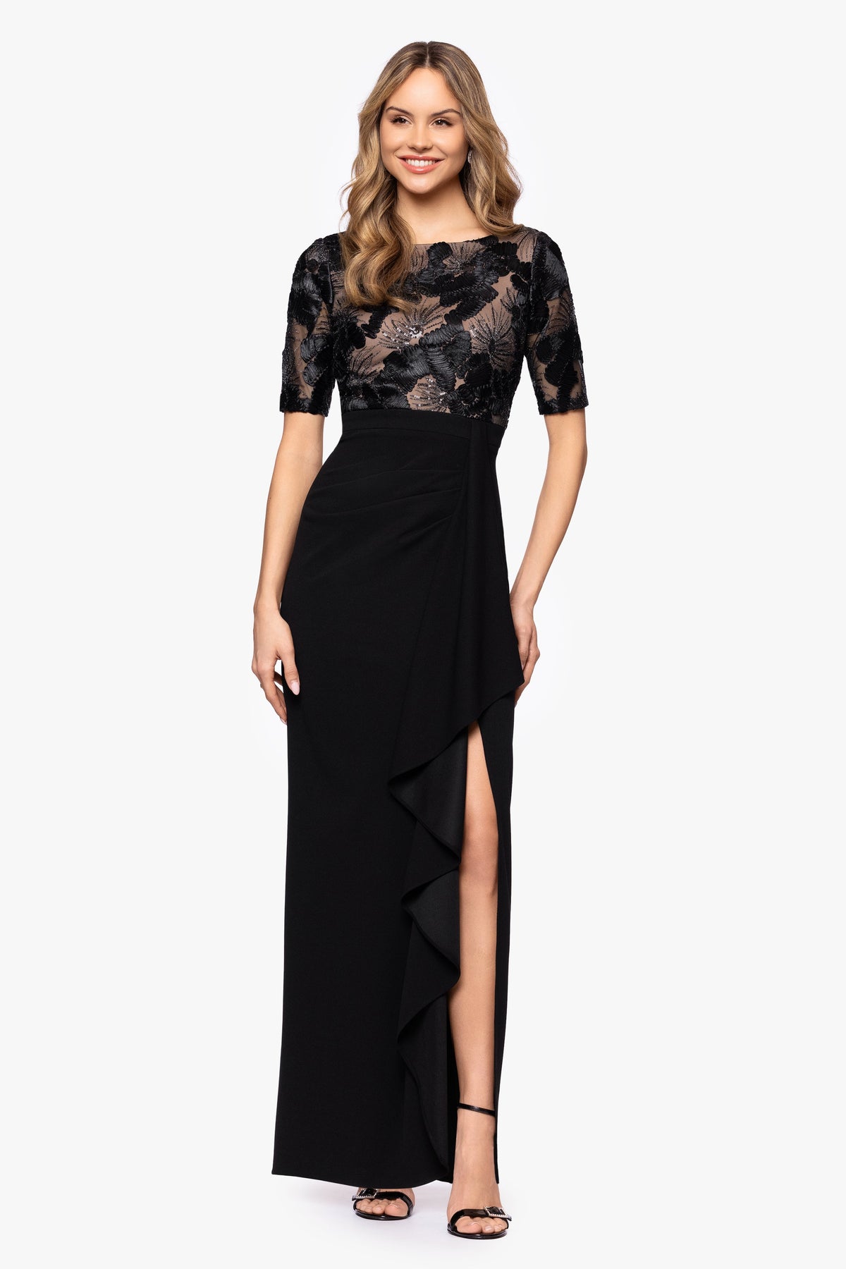 Betsy & Adam Petite “Mel” Soutache & Scuba Crepe Dress - Black/Nude