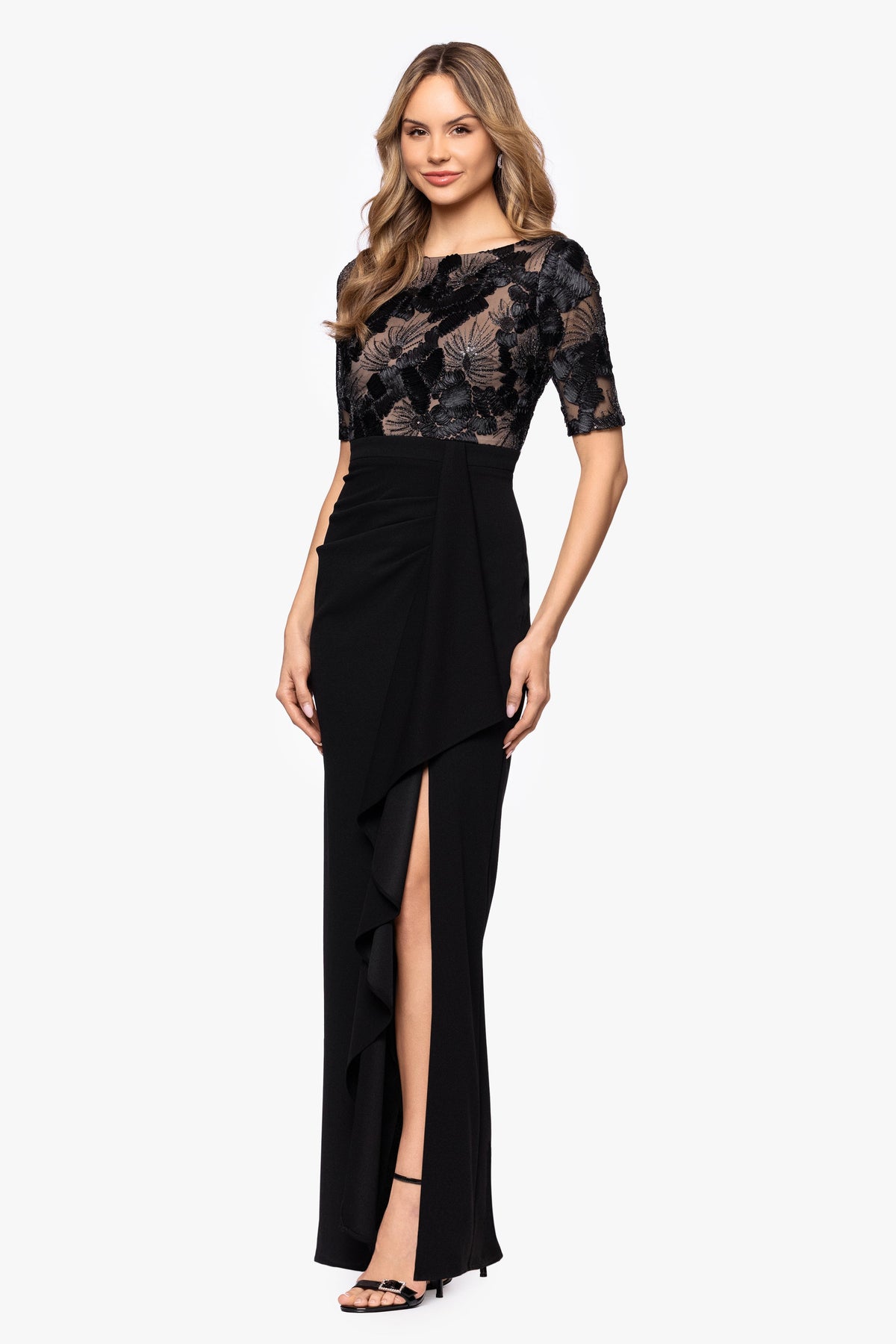 Betsy & Adam Petite “Mel” Soutache & Scuba Crepe Dress - Black/Nude