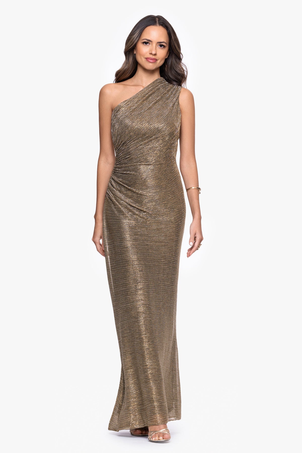 Betsy & Adam "Bayley" Metallic One Shoulder Dress - Mocha/Gold