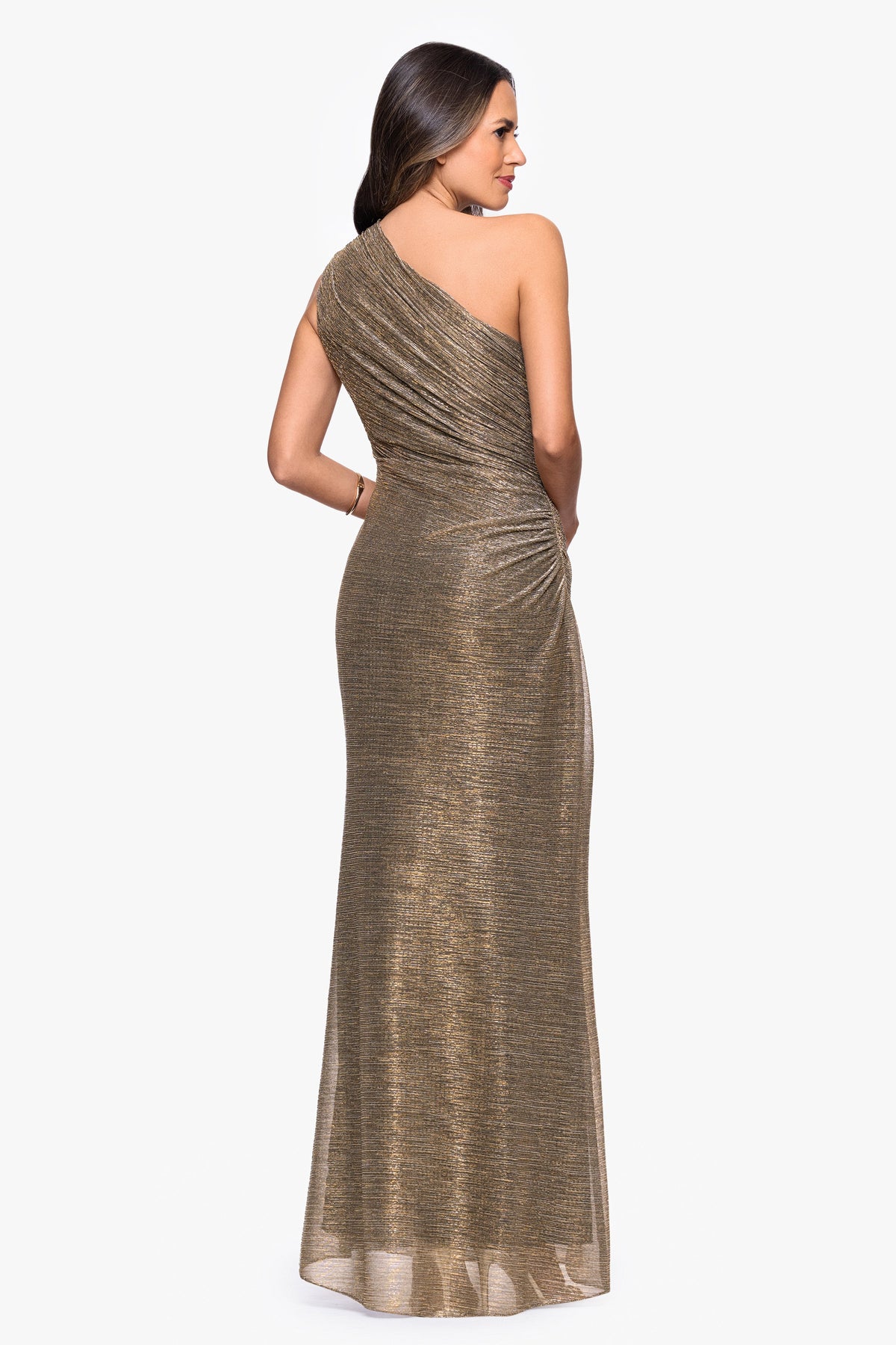 Betsy & Adam "Bayley" Metallic One Shoulder Dress - Mocha/Gold