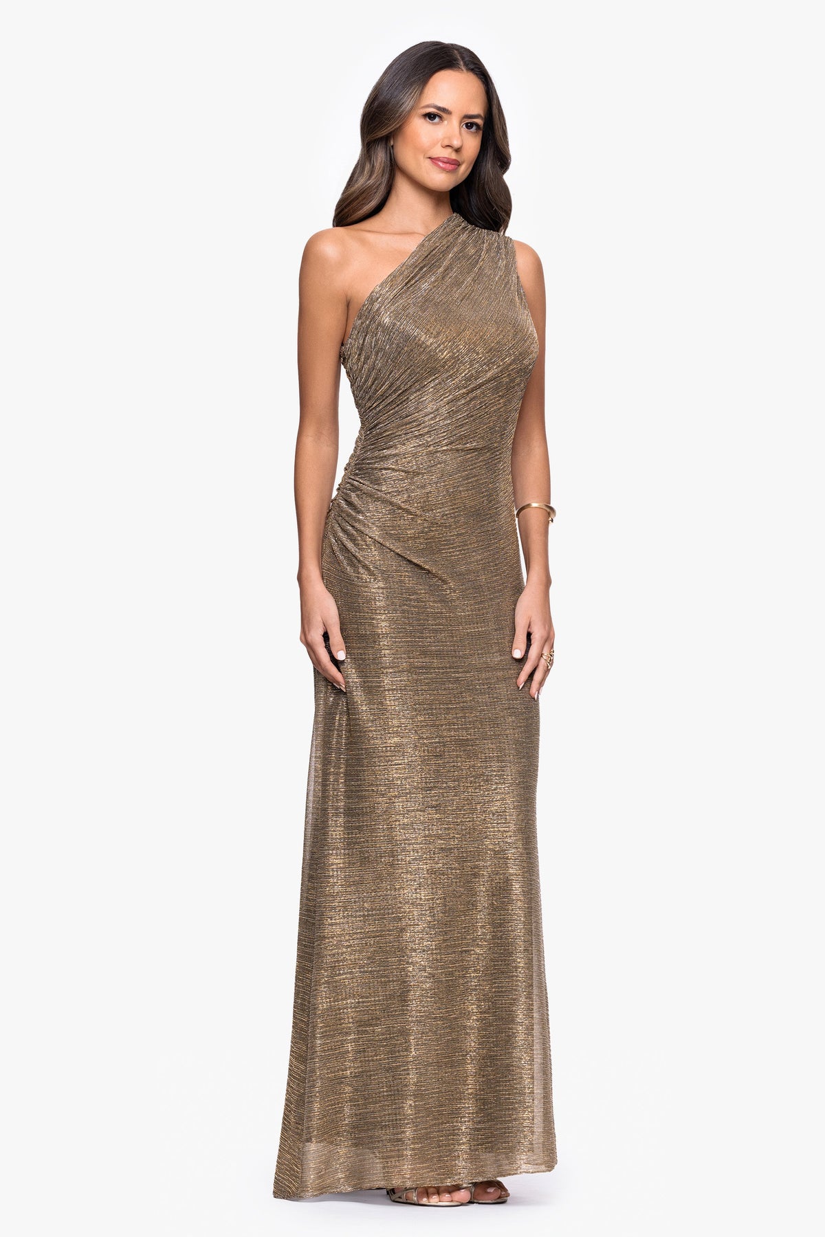 Betsy & Adam "Bayley" Metallic One Shoulder Dress - Mocha/Gold