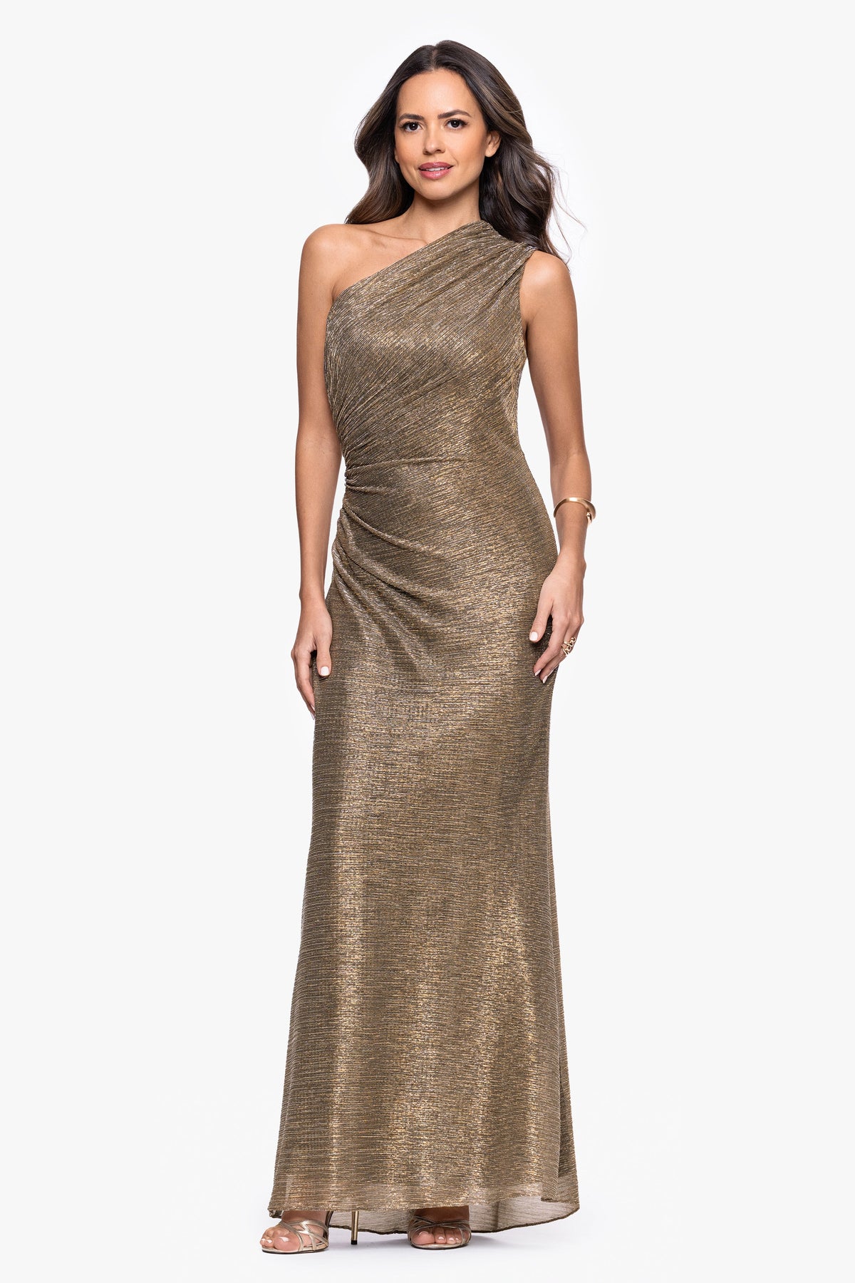 Betsy & Adam "Bayley" Metallic One Shoulder Dress - Mocha/Gold