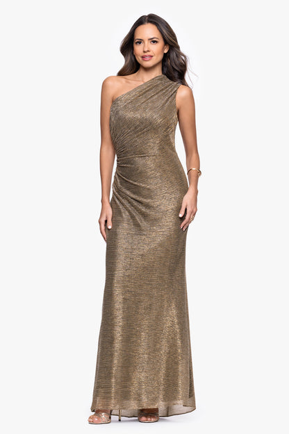 Betsy & Adam "Bayley" Metallic One Shoulder Dress - Mocha/Gold