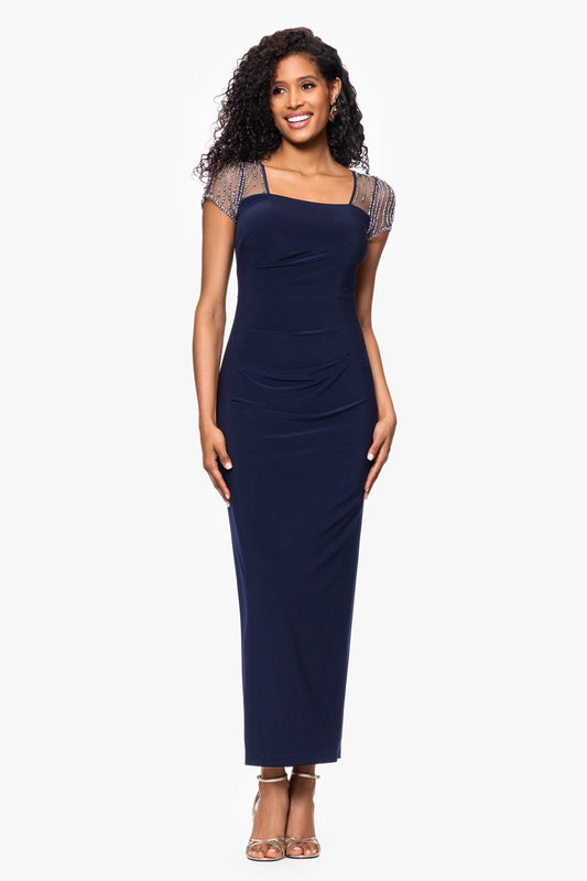 Betsy & Adam "Lilibeth" Jersey Knit Flutter Sleeve Dress - Navy/Silver