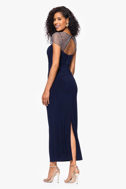Betsy & Adam "Lilibeth" Jersey Knit Flutter Sleeve Dress - Navy/Silver