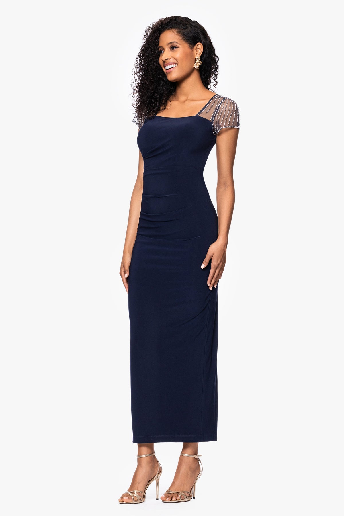 Betsy & Adam "Lilibeth" Jersey Knit Flutter Sleeve Dress - Navy/Silver