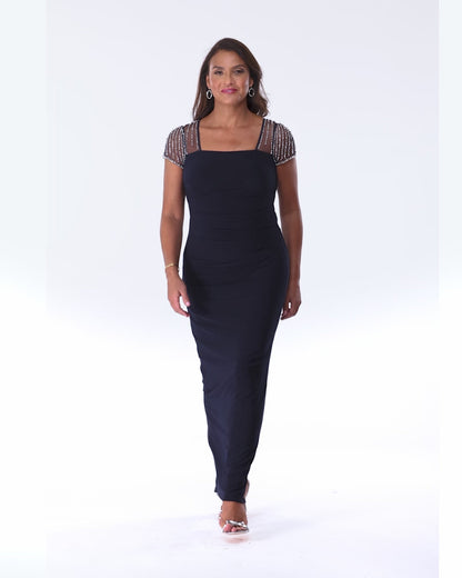 Betsy & Adam "Lilibeth" Jersey Knit Flutter Sleeve Dress - Navy/Silver