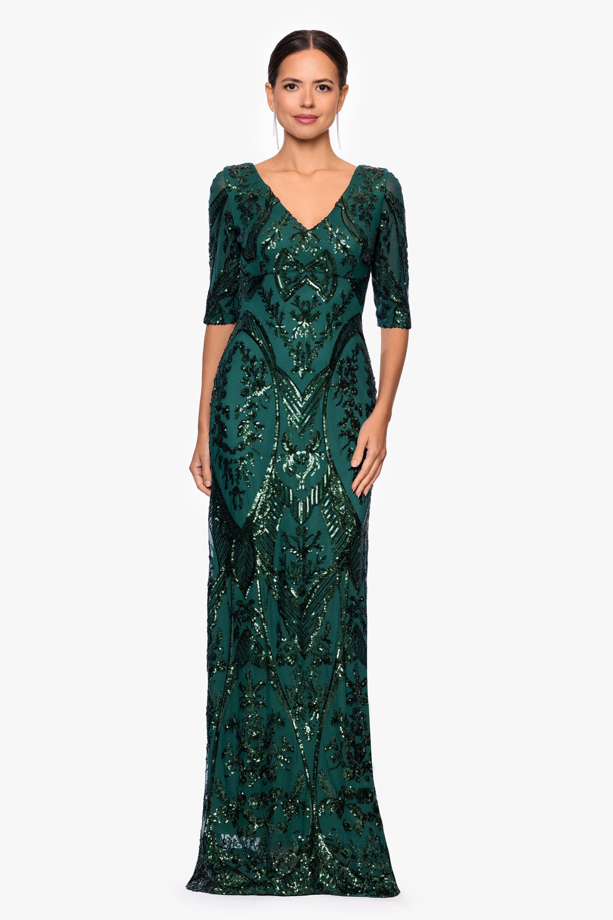 Betsy & Adam Petite "Samara" Sequin V-Neck Dress - Emerald