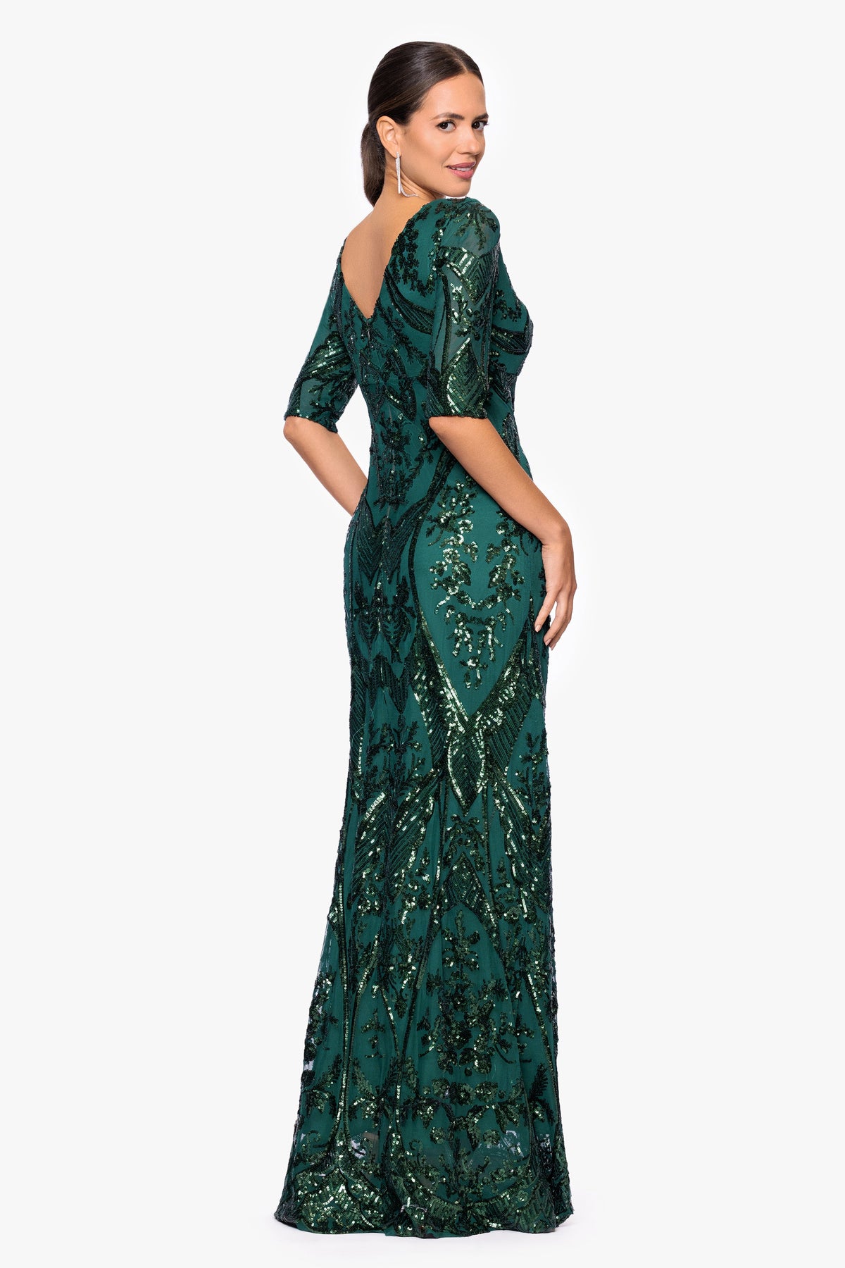 Betsy & Adam Petite "Samara" Sequin V-Neck Dress - Emerald