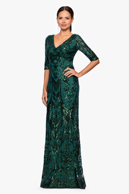 Betsy & Adam Petite "Samara" Sequin V-Neck Dress - Emerald