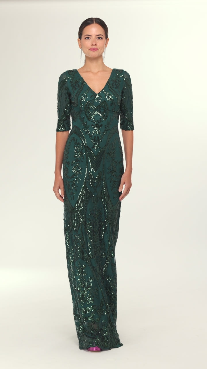 Betsy & Adam Petite "Samara" Sequin V-Neck Dress - Emerald