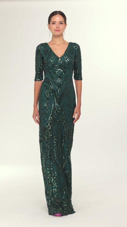 Betsy & Adam Petite "Samara" Sequin V-Neck Dress - Emerald
