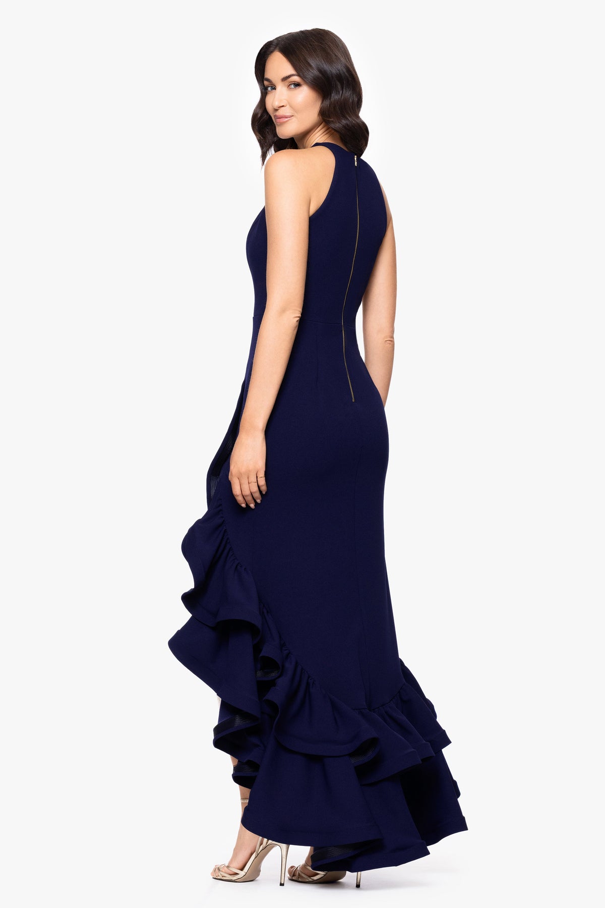 Betsy & Adam "Arielle" Scuba Crepe Ruffle Slit Dress - Night