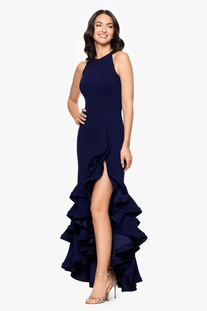 Betsy & Adam "Arielle" Scuba Crepe Ruffle Slit Dress - Night